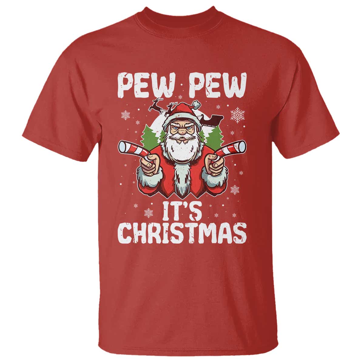Funny Pew Pew Santa Christmas T Shirt Angry Santa with Candy Cane Guns Holiday Humor - Wonder Print Shop