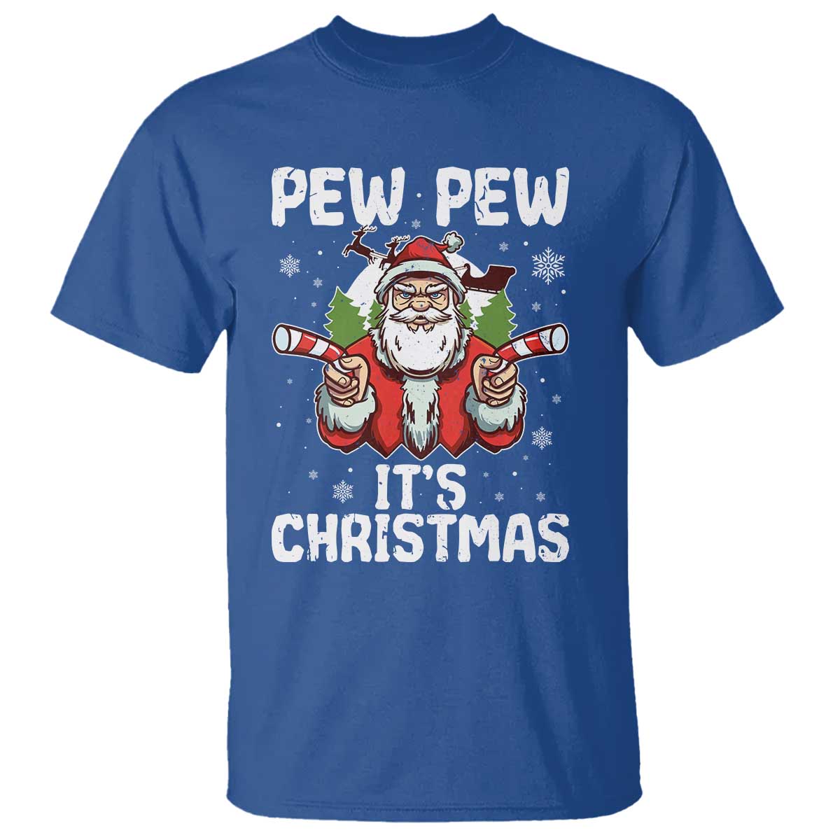 Funny Pew Pew Santa Christmas T Shirt Angry Santa with Candy Cane Guns Holiday Humor - Wonder Print Shop