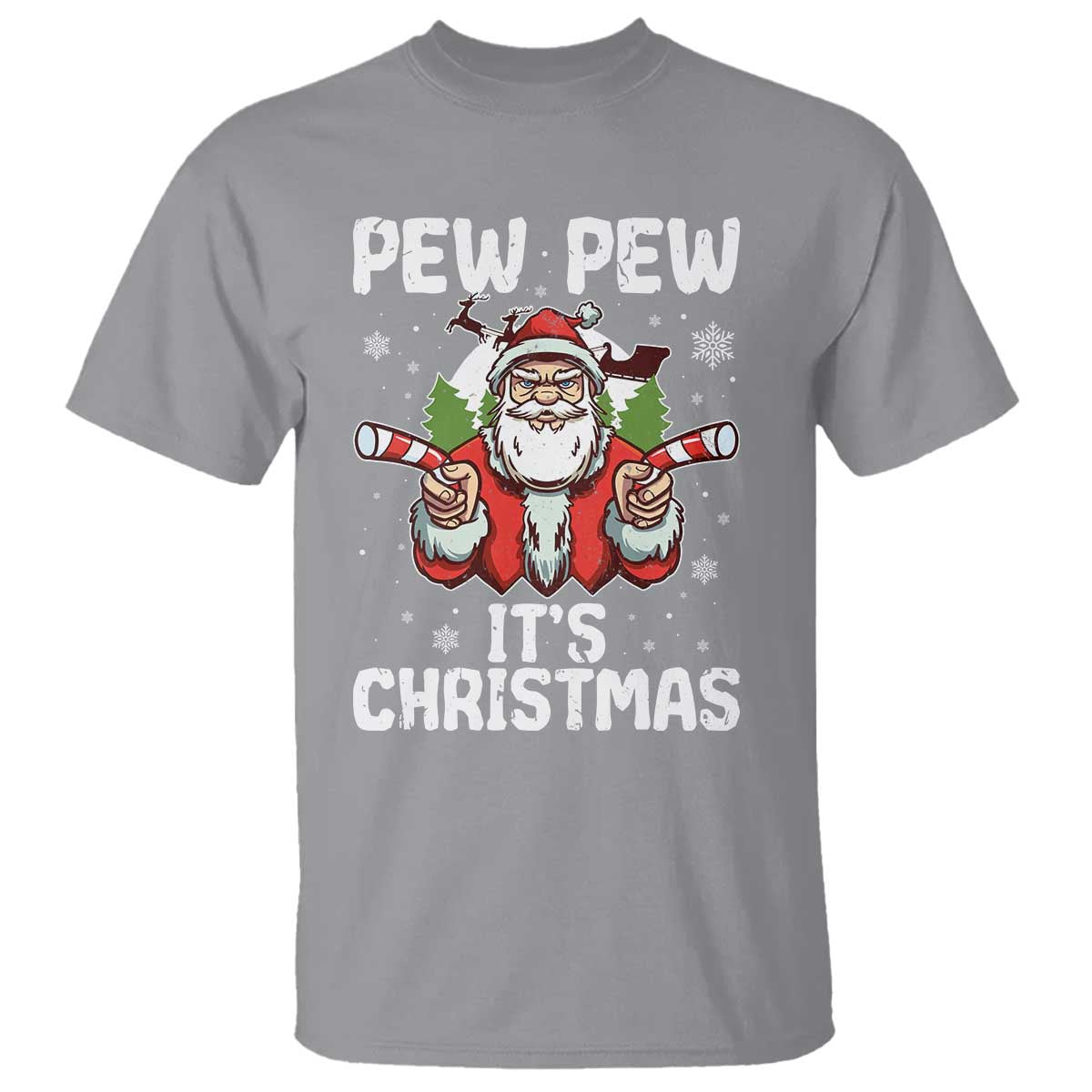 Funny Pew Pew Santa Christmas T Shirt Angry Santa with Candy Cane Guns Holiday Humor - Wonder Print Shop