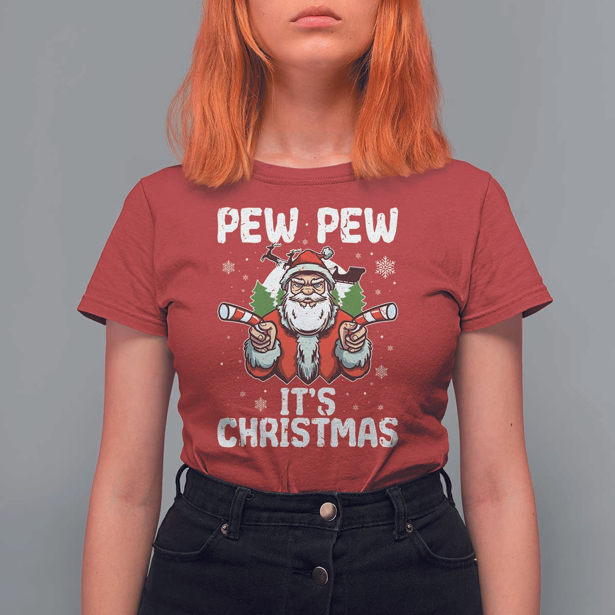 Funny Pew Pew Santa Christmas T Shirt For Women Angry Santa with Candy Cane Guns Holiday Humor - Wonder Print Shop