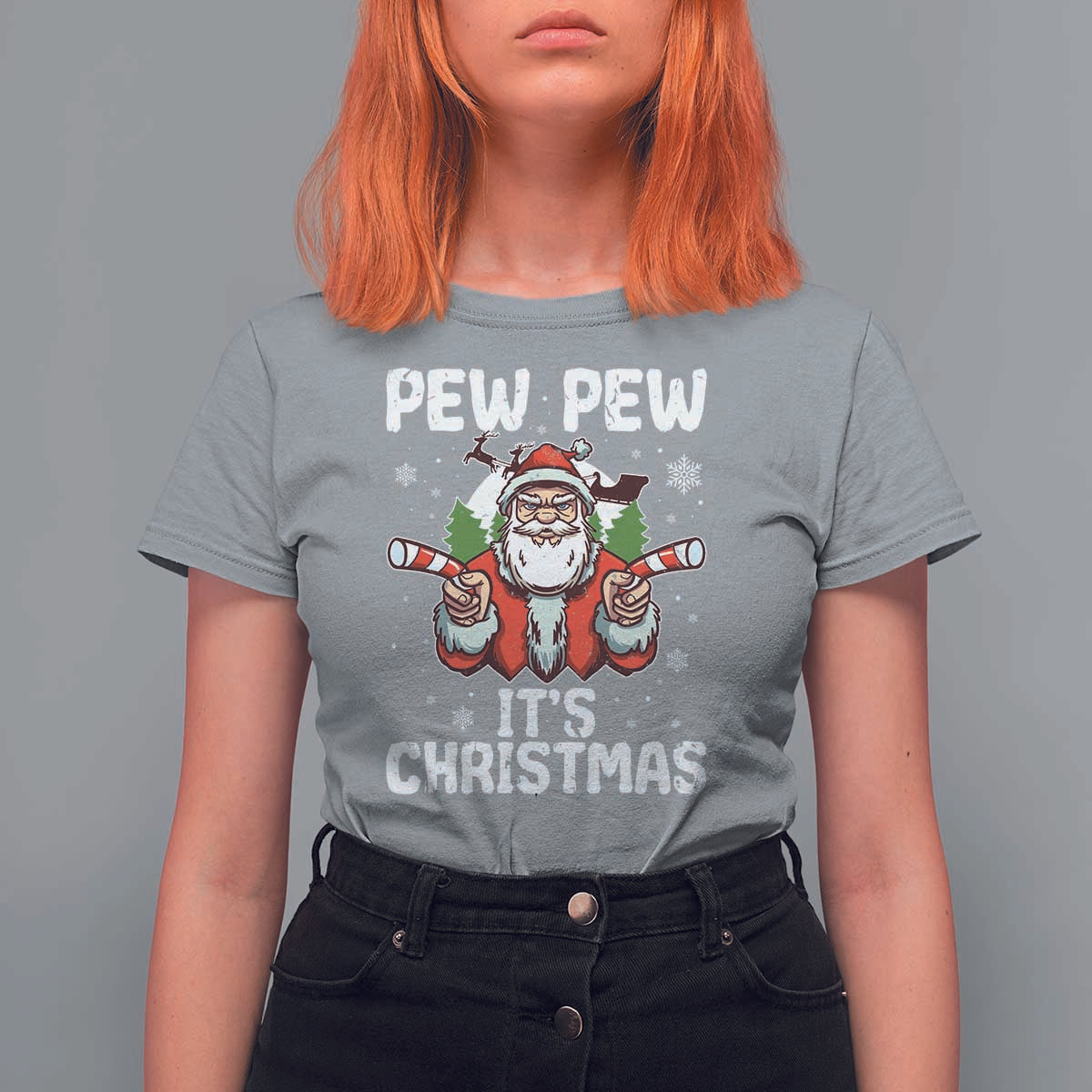 Funny Pew Pew Santa Christmas T Shirt For Women Angry Santa with Candy Cane Guns Holiday Humor - Wonder Print Shop