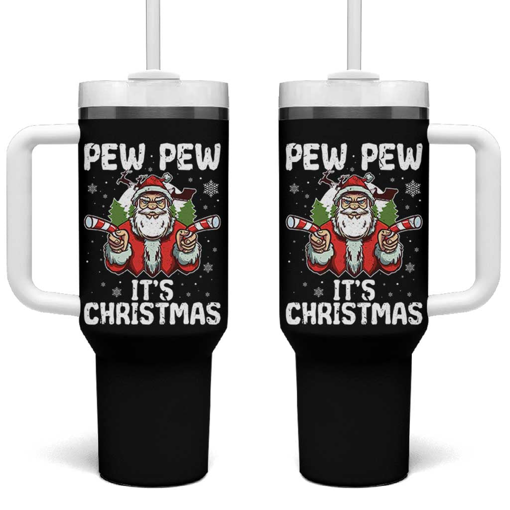 Funny Pew Pew Santa Christmas Tumbler With Handle Angry Santa with Candy Cane Guns Holiday Humor - Wonder Print Shop
