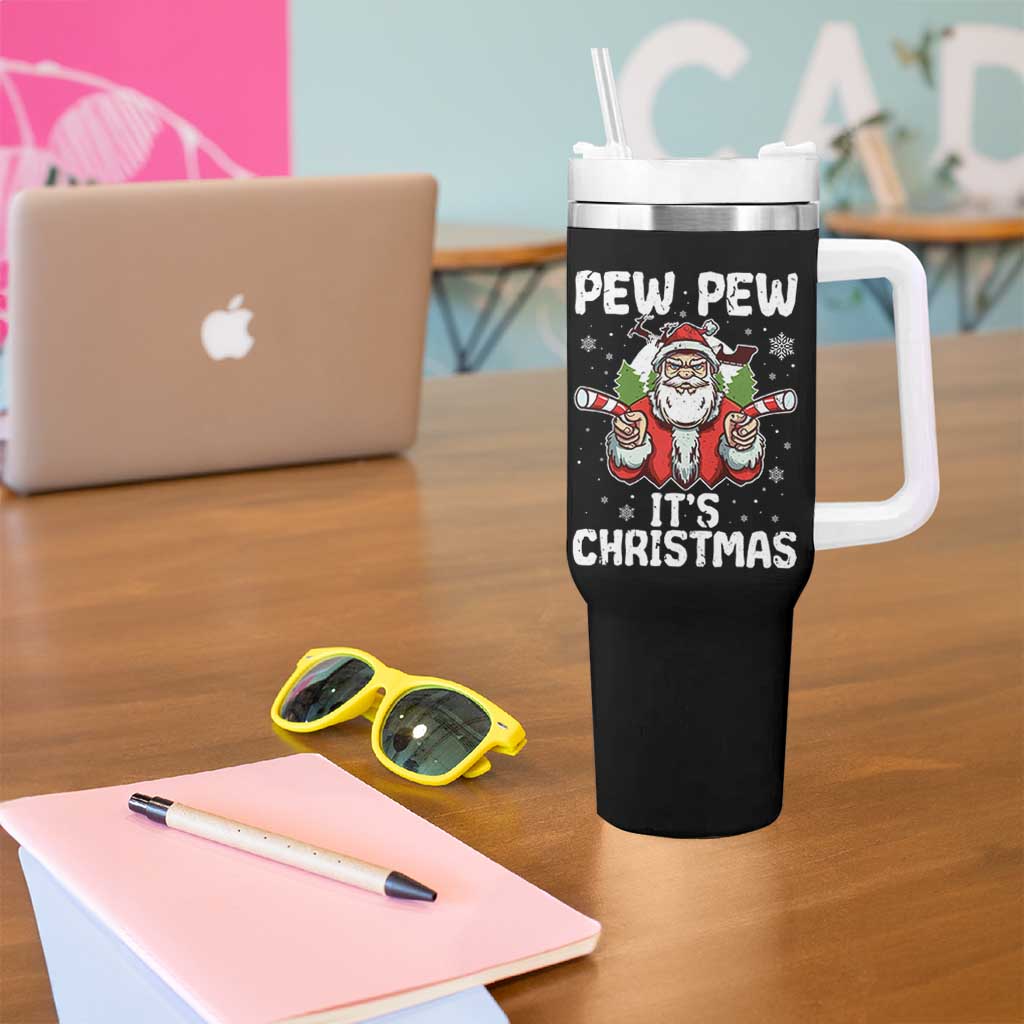 Funny Pew Pew Santa Christmas Tumbler With Handle Angry Santa with Candy Cane Guns Holiday Humor - Wonder Print Shop