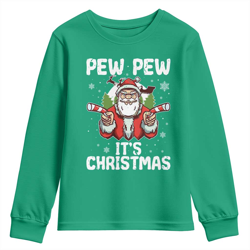 Funny Pew Pew Santa Christmas Youth Sweatshirt Angry Santa with Candy Cane Guns Holiday Humor - Wonder Print Shop