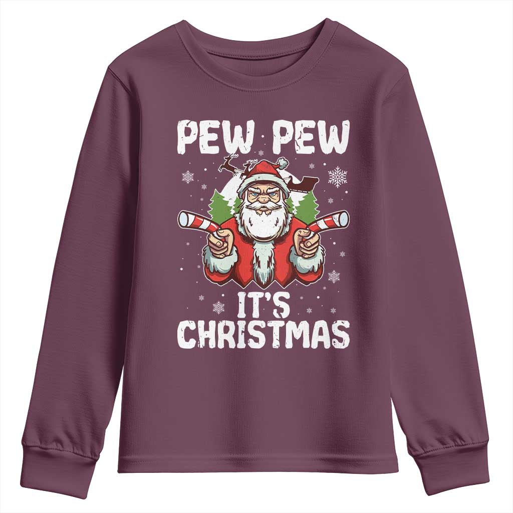 Funny Pew Pew Santa Christmas Youth Sweatshirt Angry Santa with Candy Cane Guns Holiday Humor - Wonder Print Shop