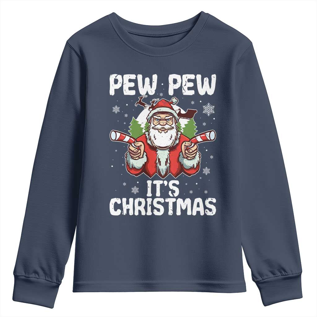 Funny Pew Pew Santa Christmas Youth Sweatshirt Angry Santa with Candy Cane Guns Holiday Humor - Wonder Print Shop