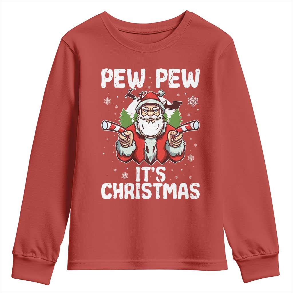 Funny Pew Pew Santa Christmas Youth Sweatshirt Angry Santa with Candy Cane Guns Holiday Humor - Wonder Print Shop