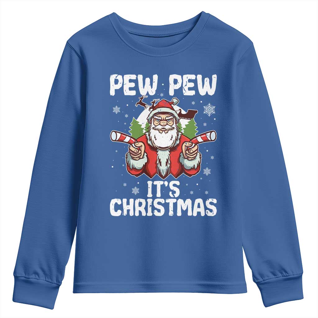 Funny Pew Pew Santa Christmas Youth Sweatshirt Angry Santa with Candy Cane Guns Holiday Humor - Wonder Print Shop