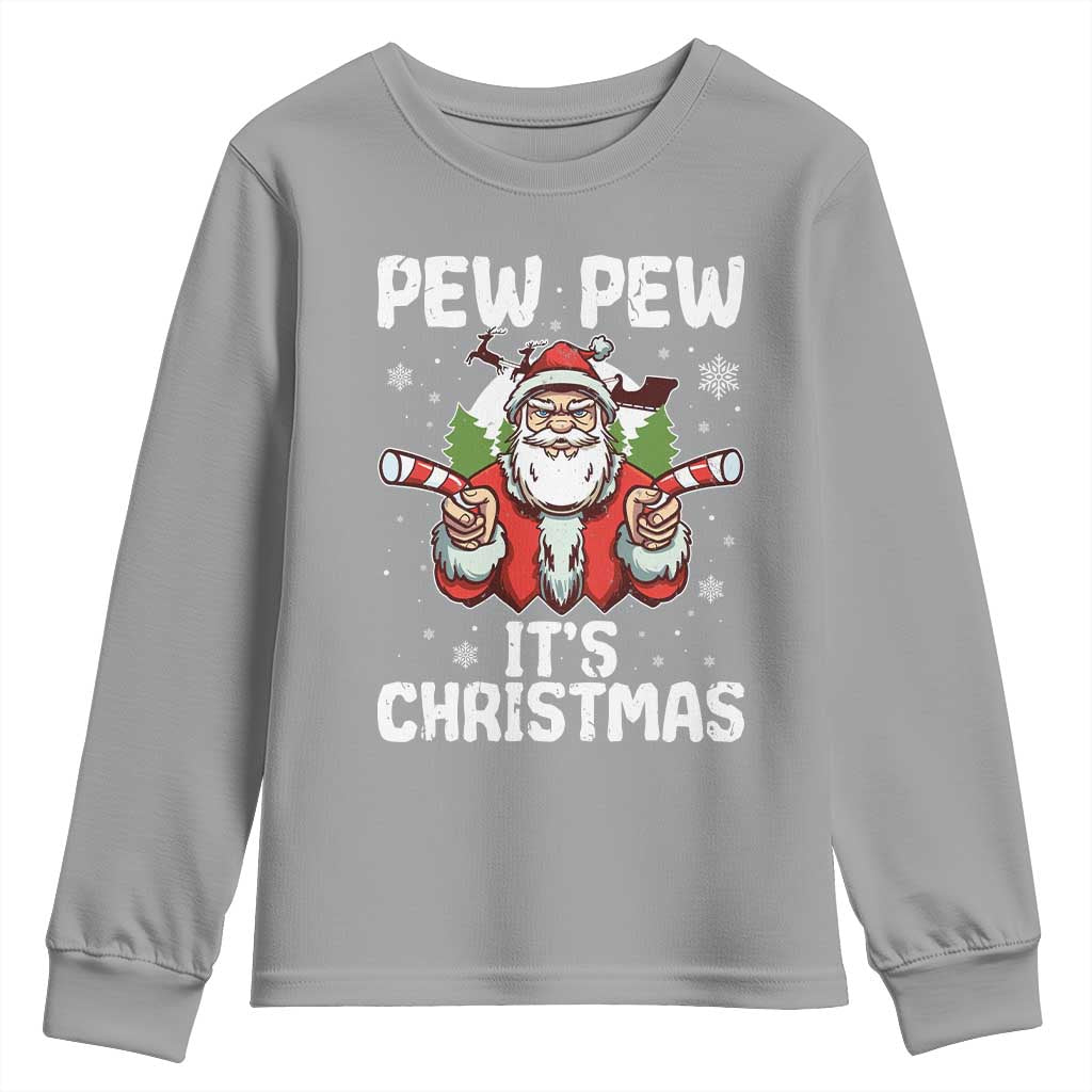 Funny Pew Pew Santa Christmas Youth Sweatshirt Angry Santa with Candy Cane Guns Holiday Humor - Wonder Print Shop