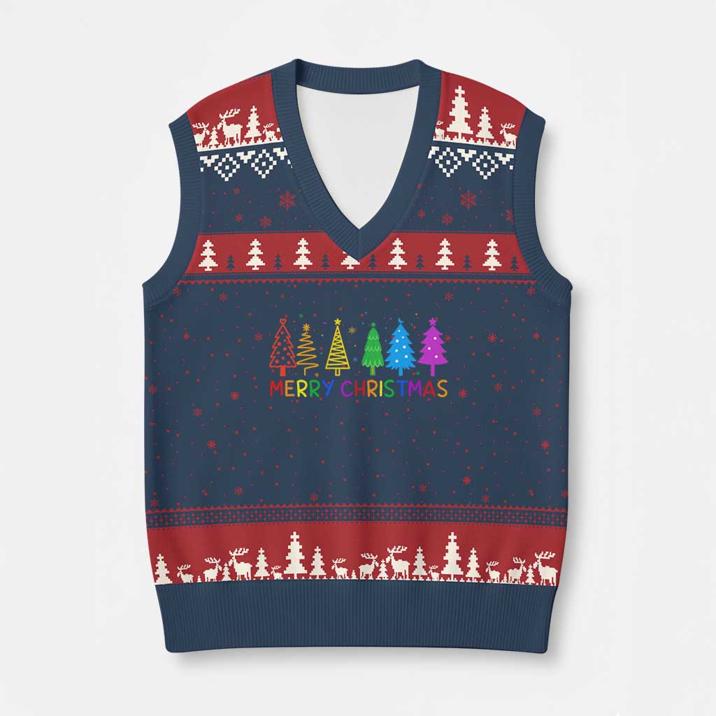 Colorful Rainbow Xmas Trees V-Neck Knit Sweater Vest Merry Xmas Fun Festive Holiday Pride Gift - Wonder Print Shop