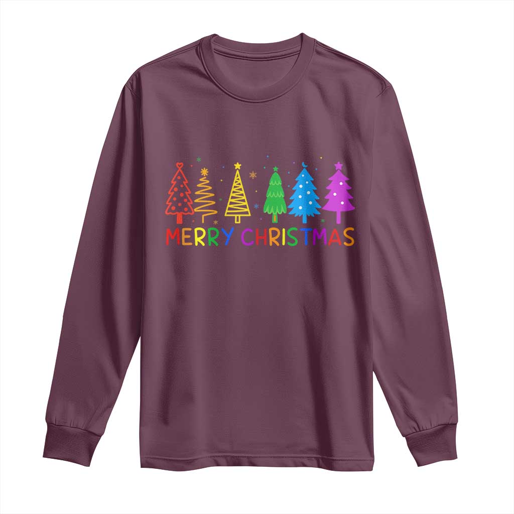 Colorful Rainbow Christmas Trees Long Sleeve Shirt Merry Xmas Fun Festive Holiday Pride Gift - Wonder Print Shop