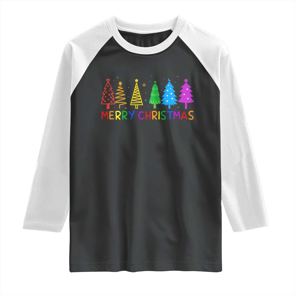 Colorful Rainbow Christmas Trees Raglan Shirt Merry Xmas Fun Festive Holiday Pride Gift - Wonder Print Shop