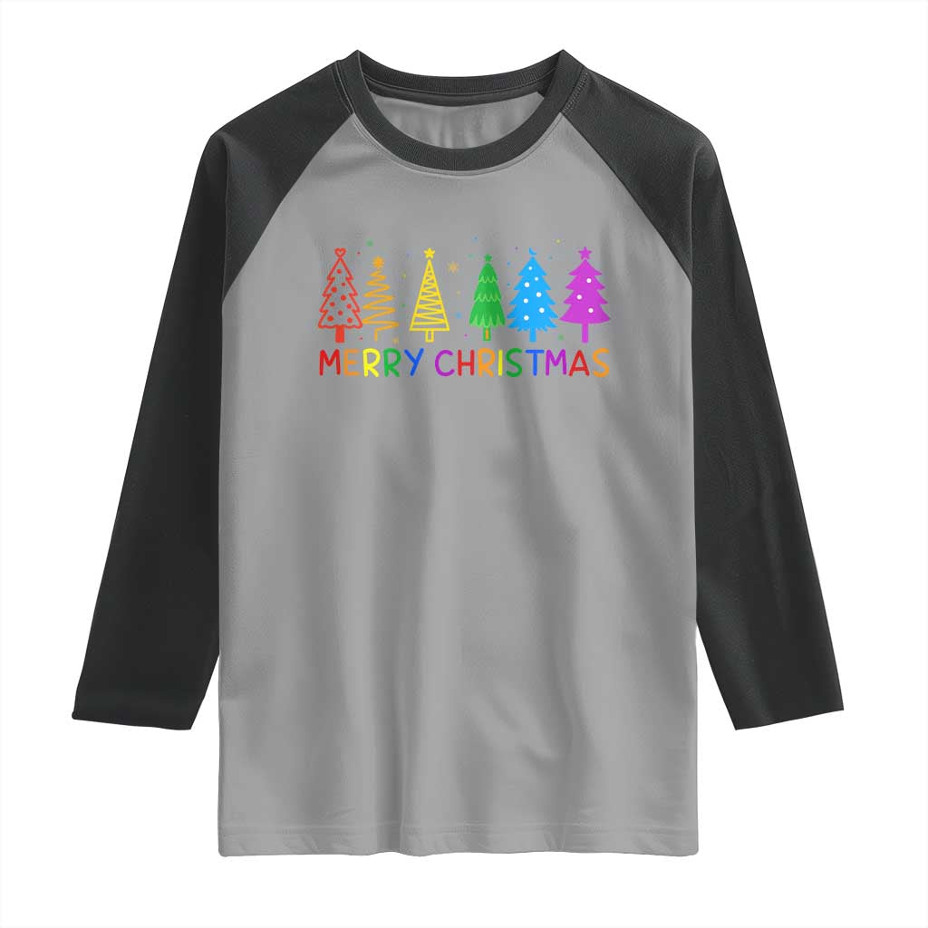 Colorful Rainbow Christmas Trees Raglan Shirt Merry Xmas Fun Festive Holiday Pride Gift - Wonder Print Shop