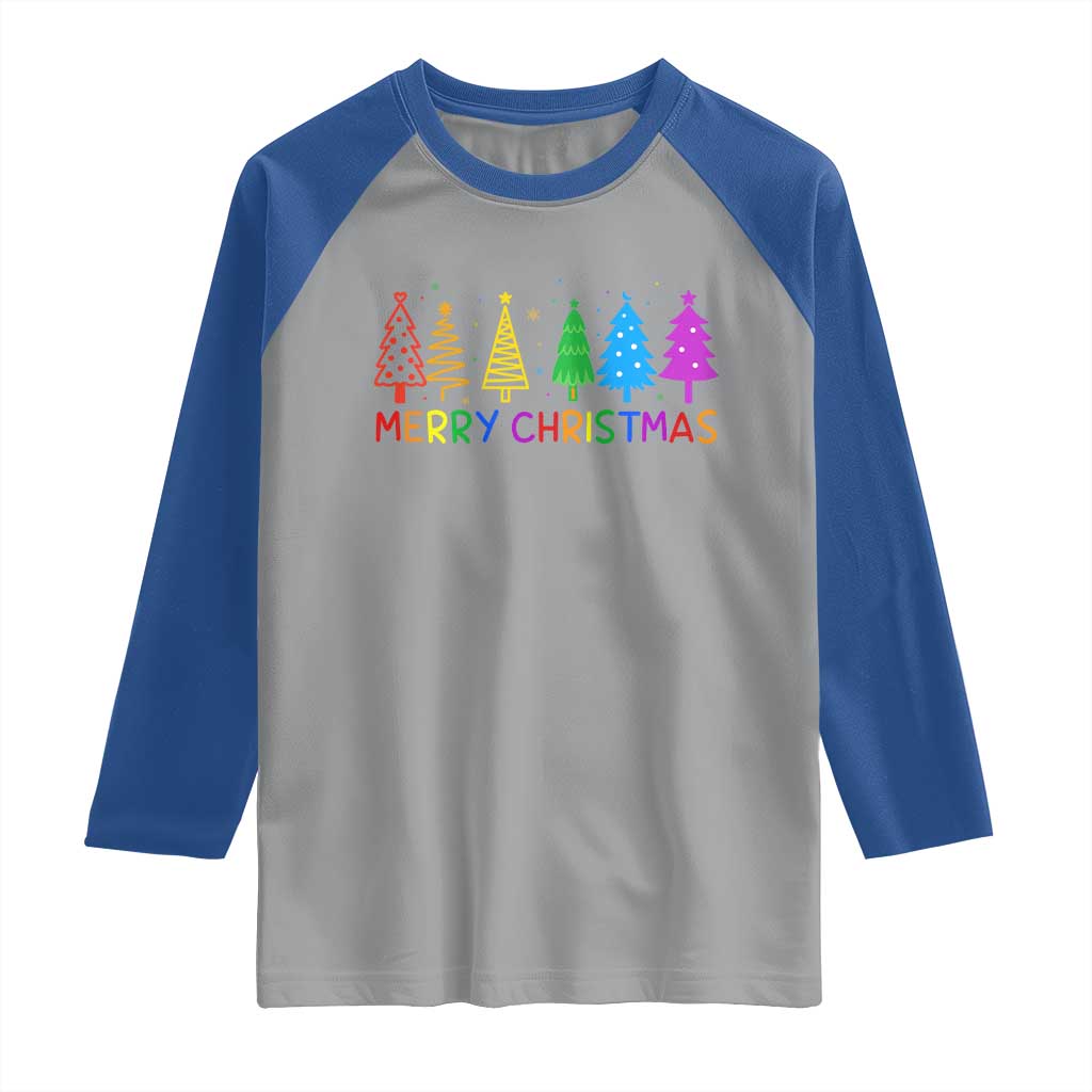 Colorful Rainbow Christmas Trees Raglan Shirt Merry Xmas Fun Festive Holiday Pride Gift - Wonder Print Shop