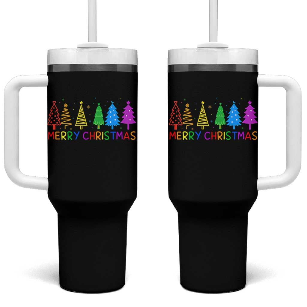 Colorful Rainbow Christmas Trees Tumbler With Handle Merry Xmas Fun Festive Holiday Pride Gift - Wonder Print Shop
