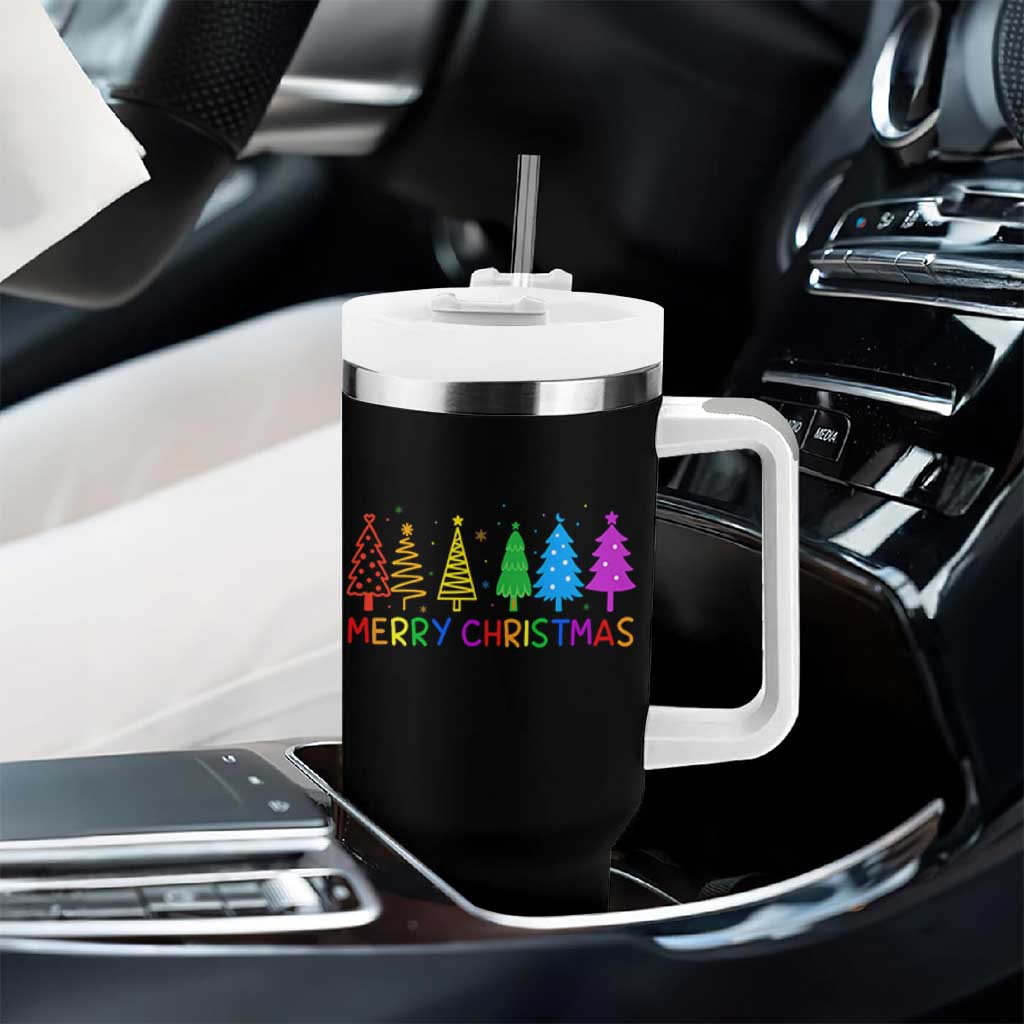 Colorful Rainbow Christmas Trees Tumbler With Handle Merry Xmas Fun Festive Holiday Pride Gift - Wonder Print Shop