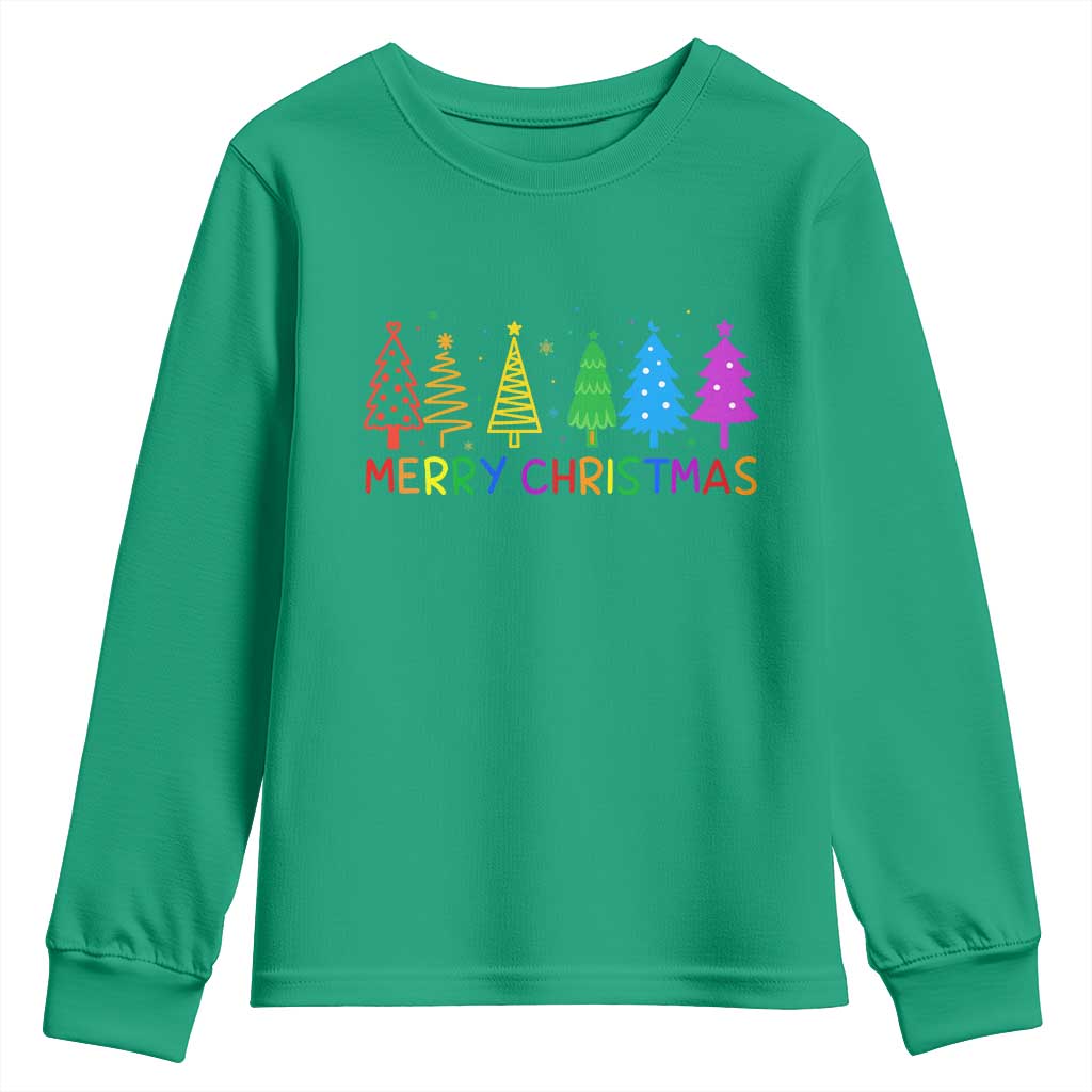 Colorful Rainbow Christmas Trees Youth Sweatshirt Merry Xmas Fun Festive Holiday Pride Gift - Wonder Print Shop
