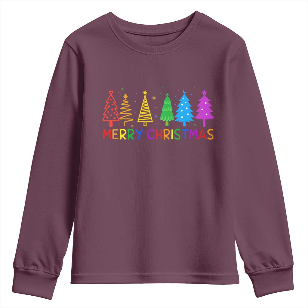 Colorful Rainbow Christmas Trees Youth Sweatshirt Merry Xmas Fun Festive Holiday Pride Gift - Wonder Print Shop