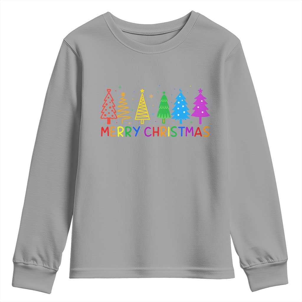 Colorful Rainbow Christmas Trees Youth Sweatshirt Merry Xmas Fun Festive Holiday Pride Gift - Wonder Print Shop