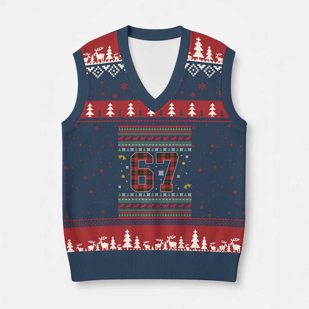 67 Xmas Red Plaid V-Neck Knit Sweater Vest Funny Six Seven Meme Holiday Vibes Graphic - Wonder Print Shop