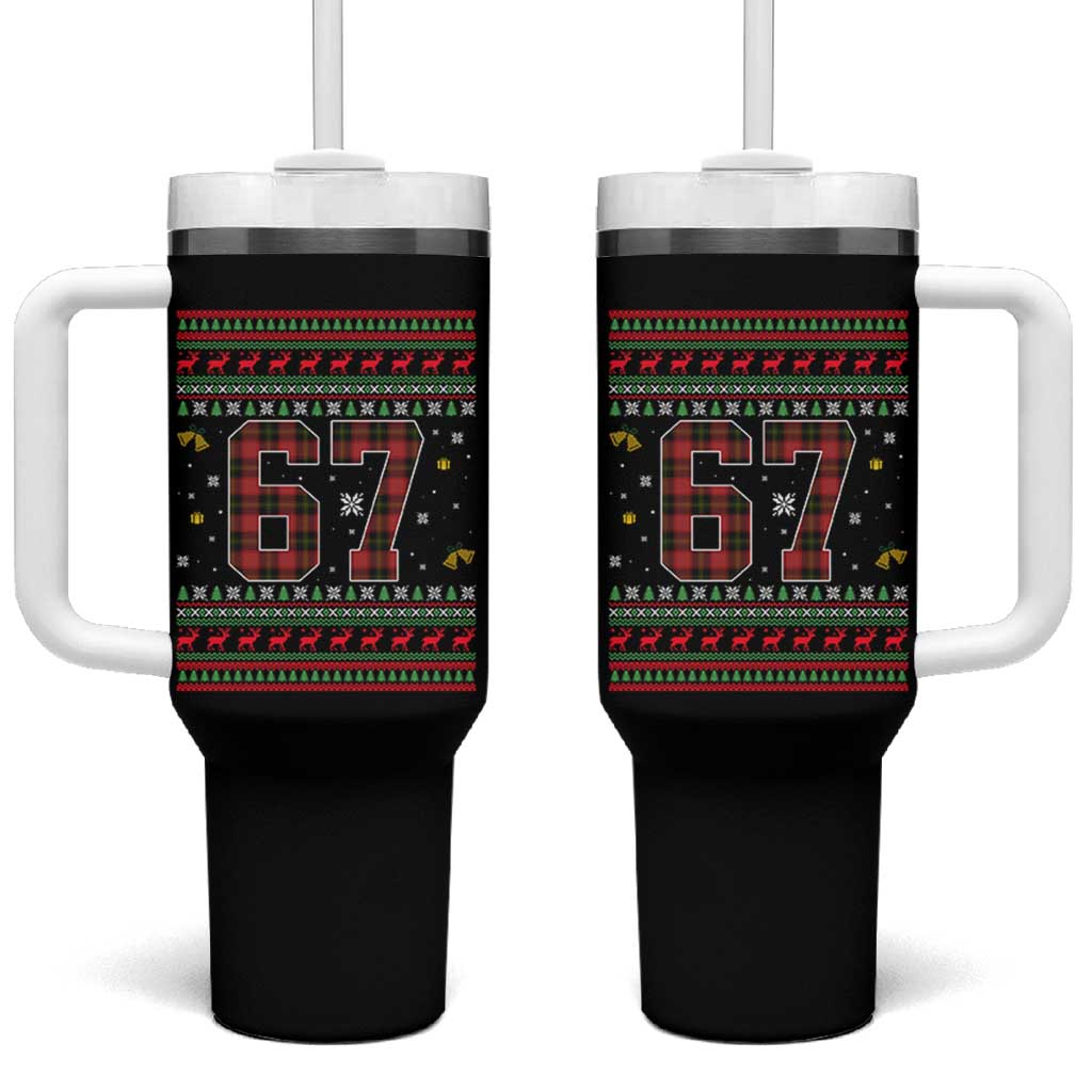 67 Christmas Red Plaid Tumbler With Handle Funny Six Seven Meme Holiday Vibes Graphic - Wonder Print Shop