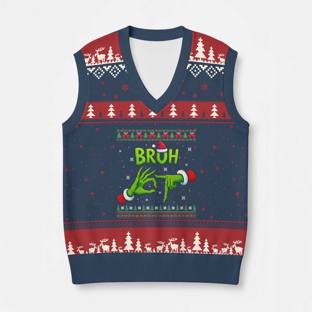 Xmas Bruh 67 Green Hands Meme V-Neck Knit Sweater Vest Funny Six Seven Meme Holiday Ugly Sweater - Wonder Print Shop