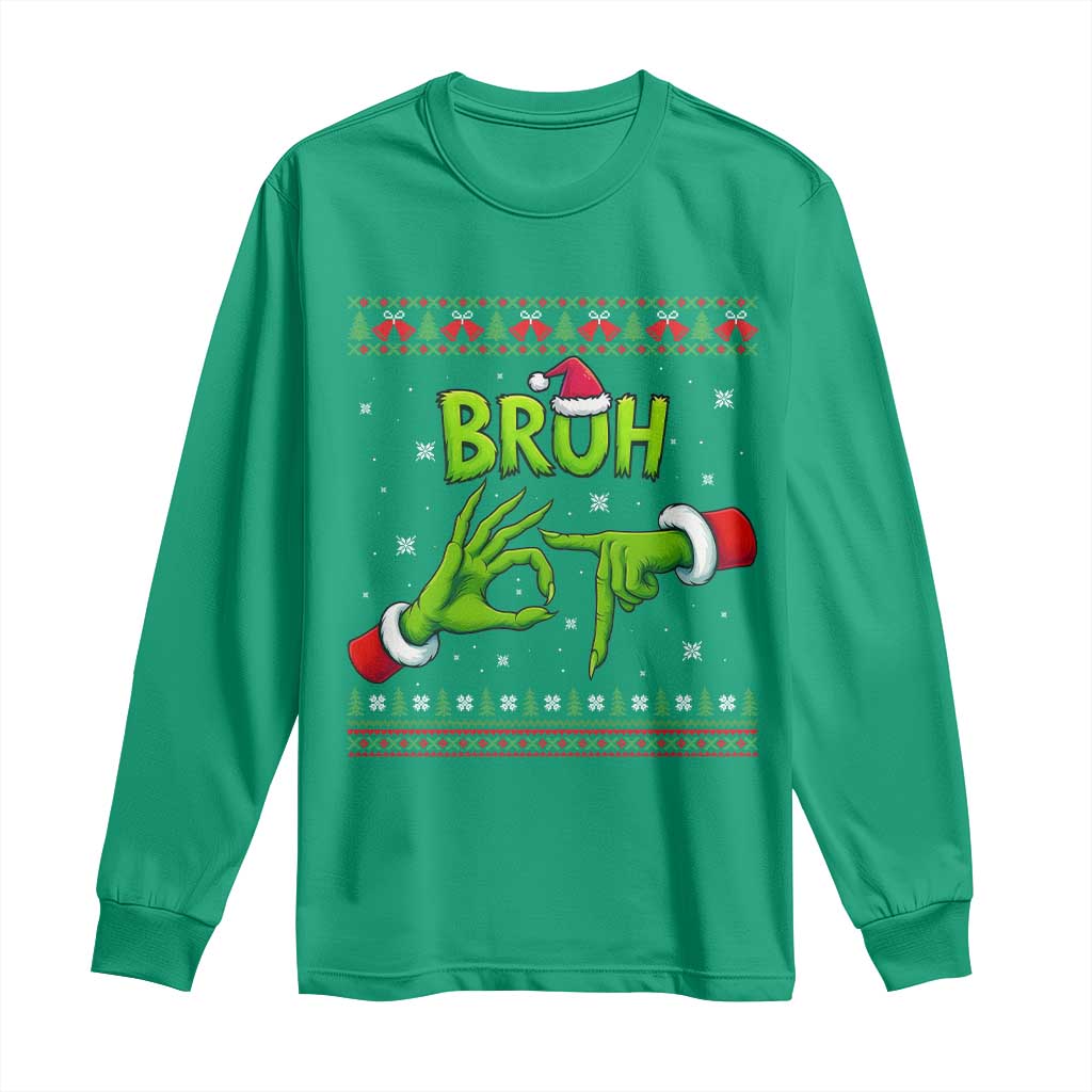 Christmas Bruh 67 Green Hands Meme Long Sleeve Shirt Funny Six Seven Meme Holiday Ugly Sweater - Wonder Print Shop