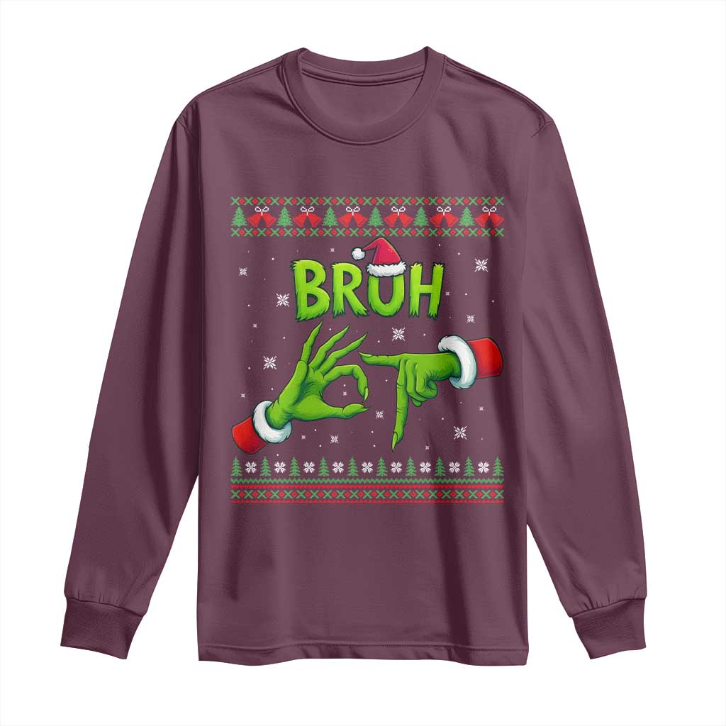 Christmas Bruh 67 Green Hands Meme Long Sleeve Shirt Funny Six Seven Meme Holiday Ugly Sweater - Wonder Print Shop