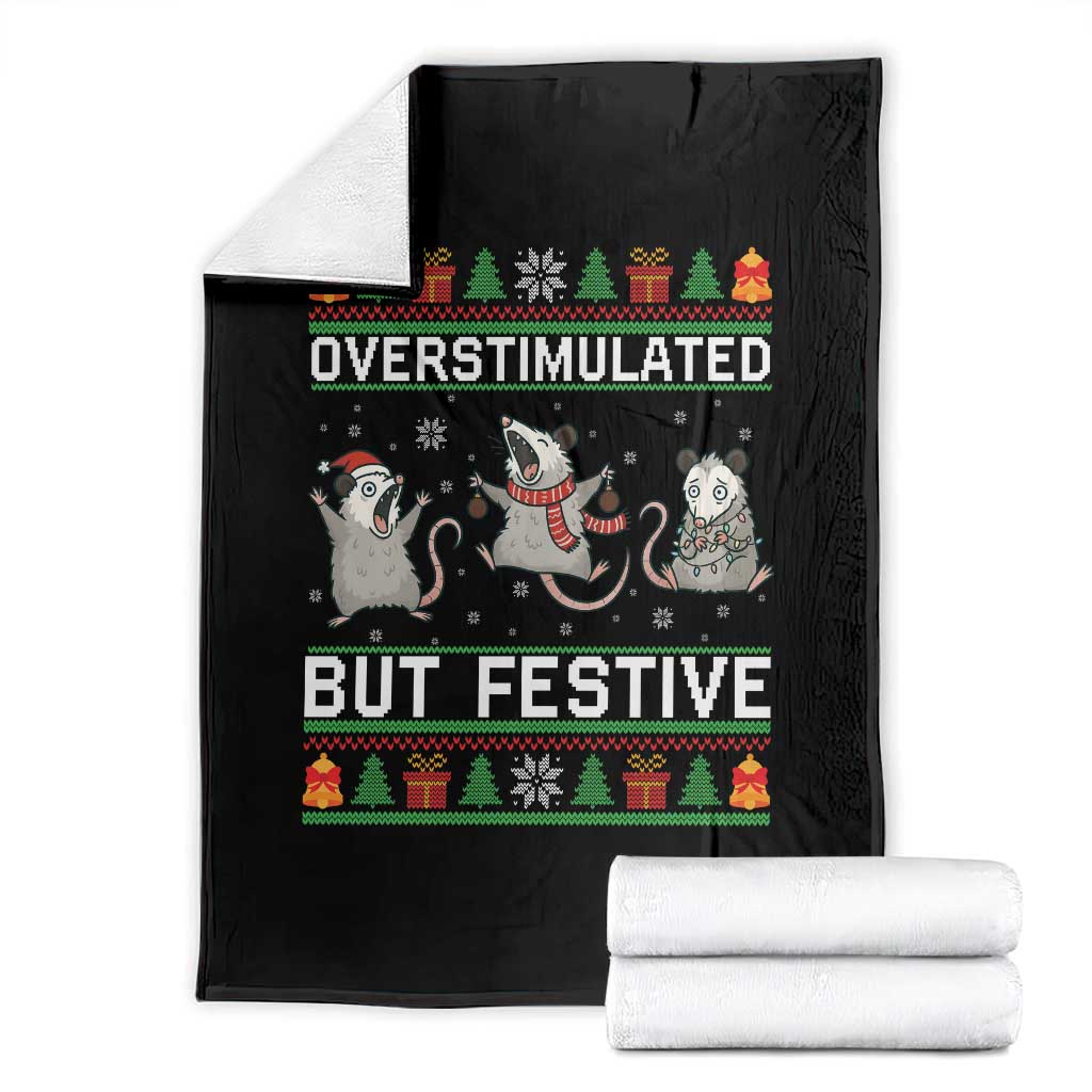 Overstimulated But Festive Opossum Christmas Throw Blanket Funny Holiday Anxiety Gag Gift for Introverts - Wonder Print Shop