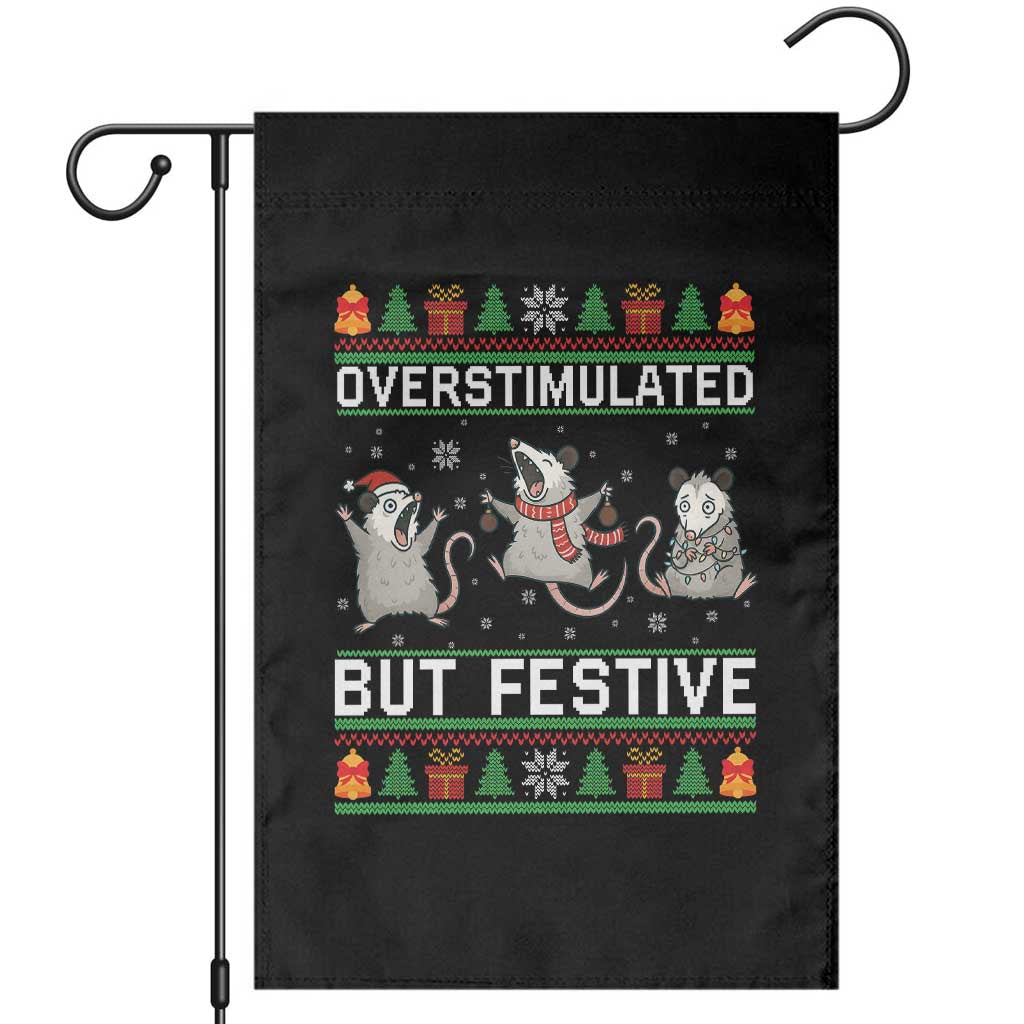 Overstimulated But Festive Opossum Christmas Garden Flag Funny Holiday Anxiety Gag Gift for Introverts - undefined
