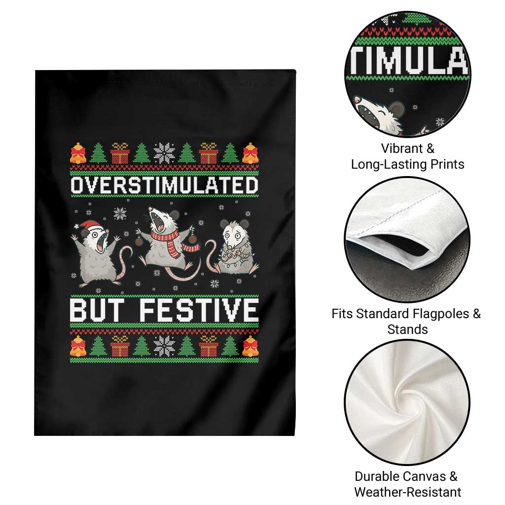 Overstimulated But Festive Opossum Christmas Garden Flag Funny Holiday Anxiety Gag Gift for Introverts - undefined