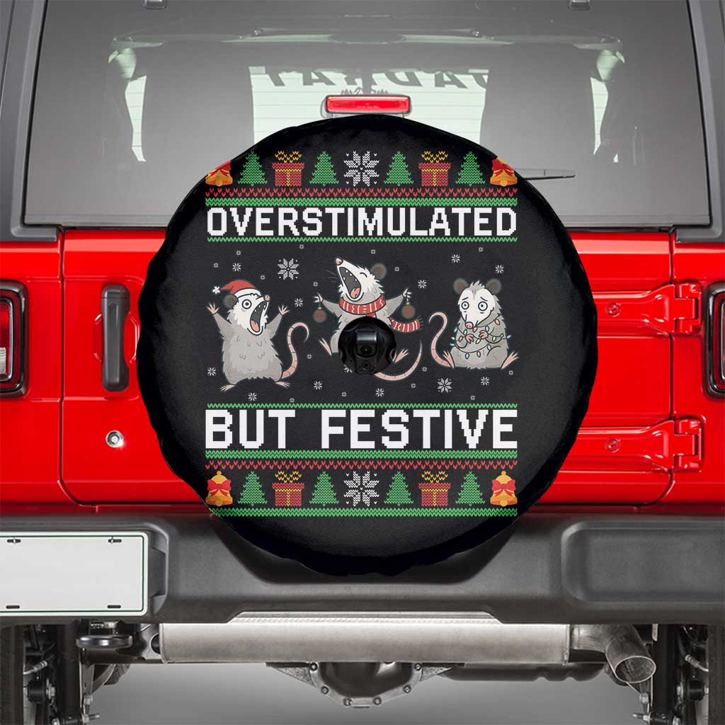 Overstimulated But Festive Opossum Christmas Spare Tire Cover Funny Holiday Anxiety Gag Gift for Introverts - Wonder Print Shop