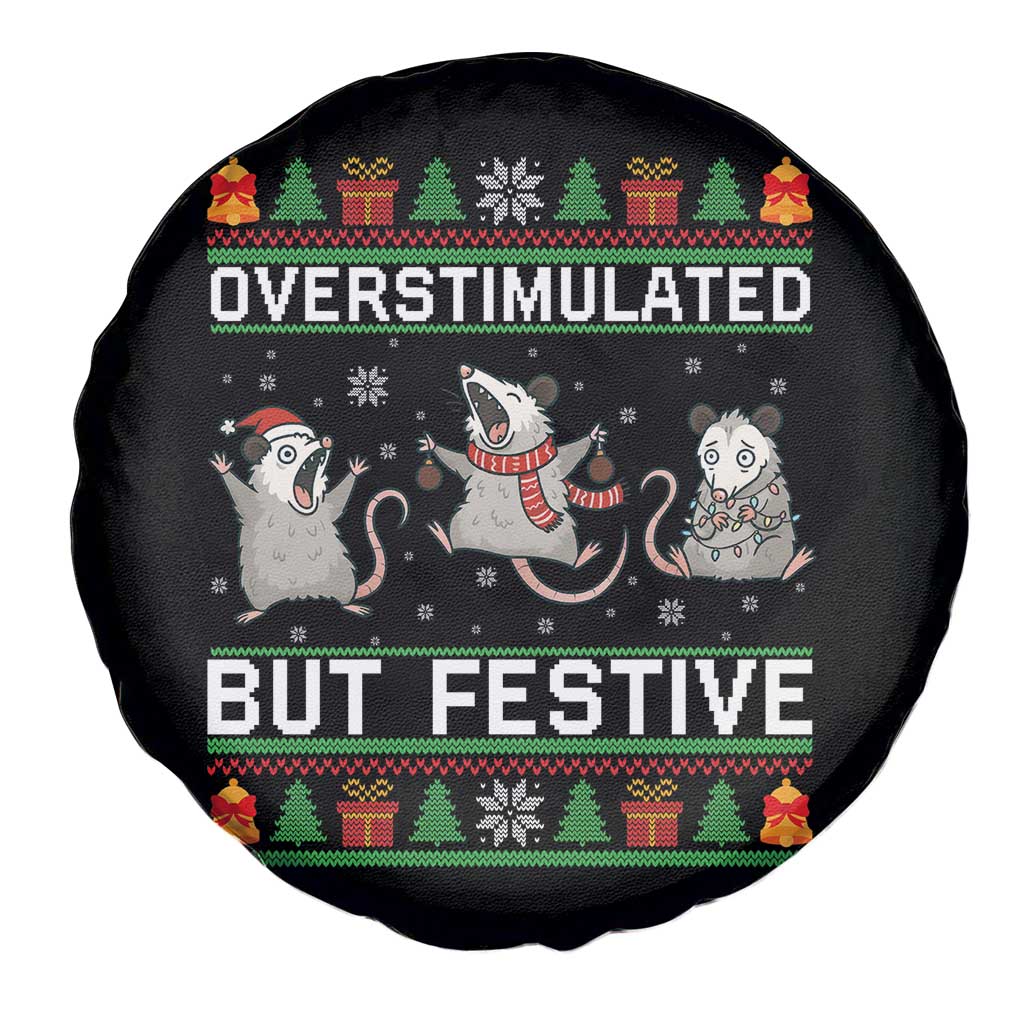 Overstimulated But Festive Opossum Christmas Spare Tire Cover Funny Holiday Anxiety Gag Gift for Introverts - Wonder Print Shop