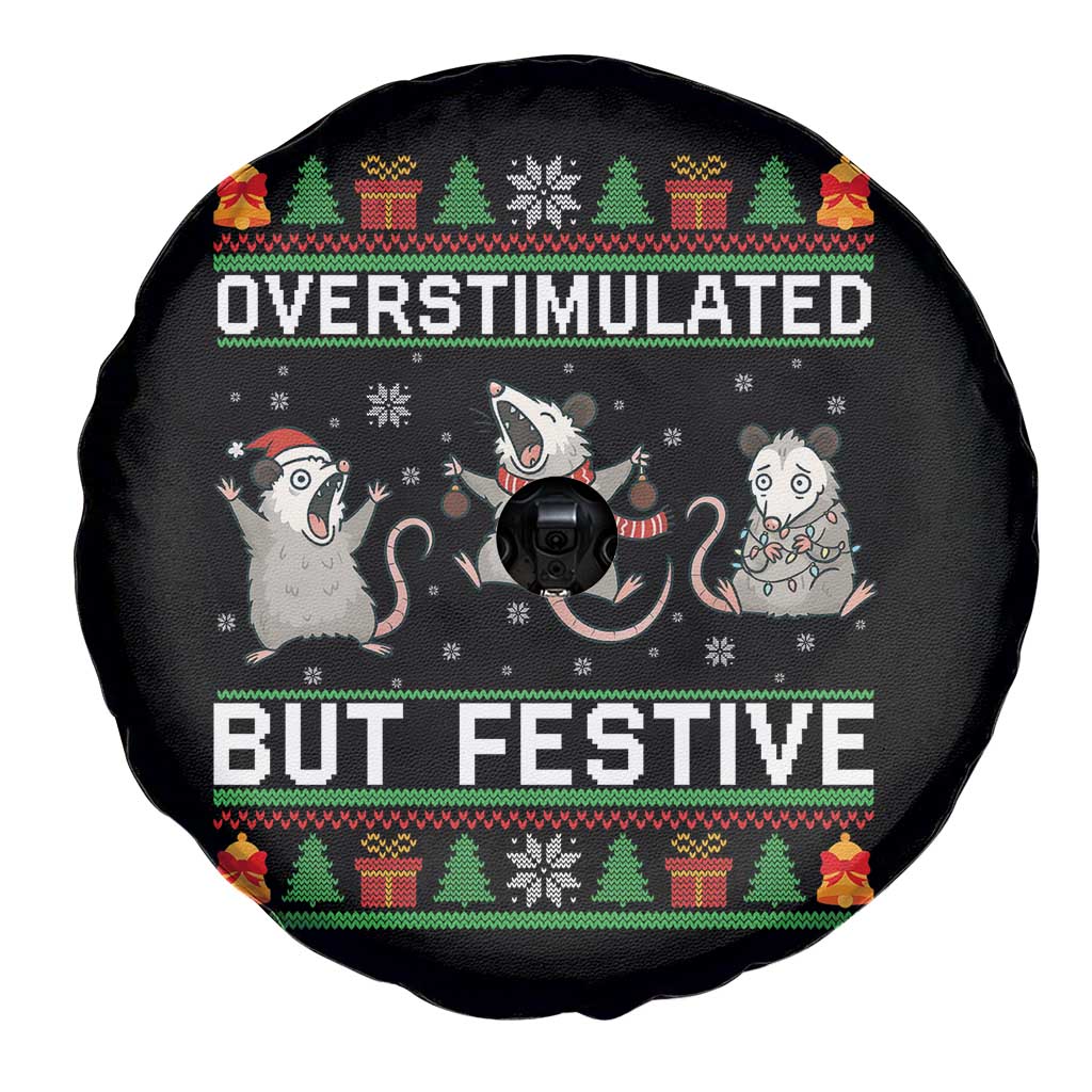 Overstimulated But Festive Opossum Christmas Spare Tire Cover Funny Holiday Anxiety Gag Gift for Introverts - Wonder Print Shop