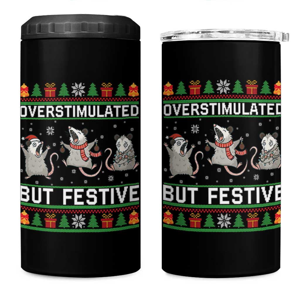 Overstimulated But Festive Opossum Christmas 4 in 1 Can Cooler Tumbler Funny Holiday Anxiety Gag Gift for Introverts - Wonder Print Shop