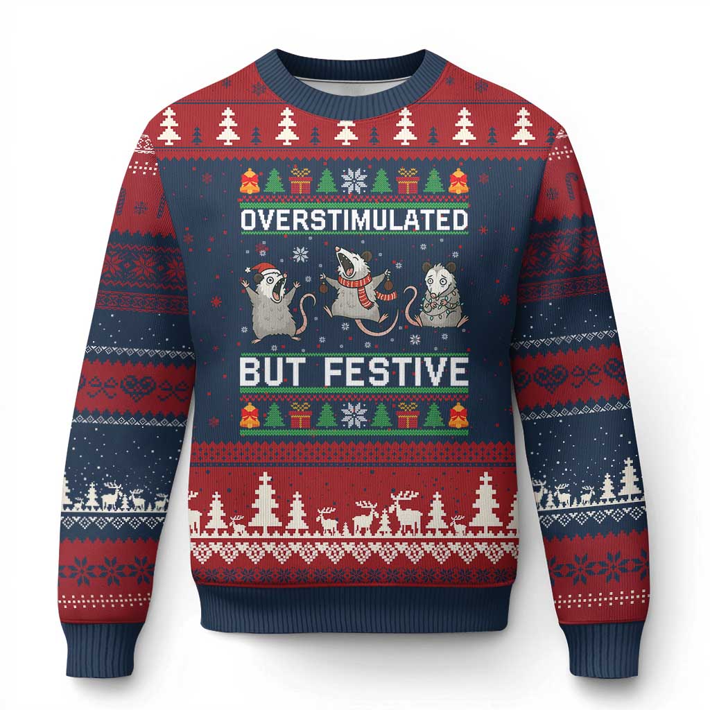 Overstimulated But Festive Opossum Xmas Ugly Christmas Sweater Funny Holiday Anxiety Gag Gift for Introverts - Wonder Print Shop