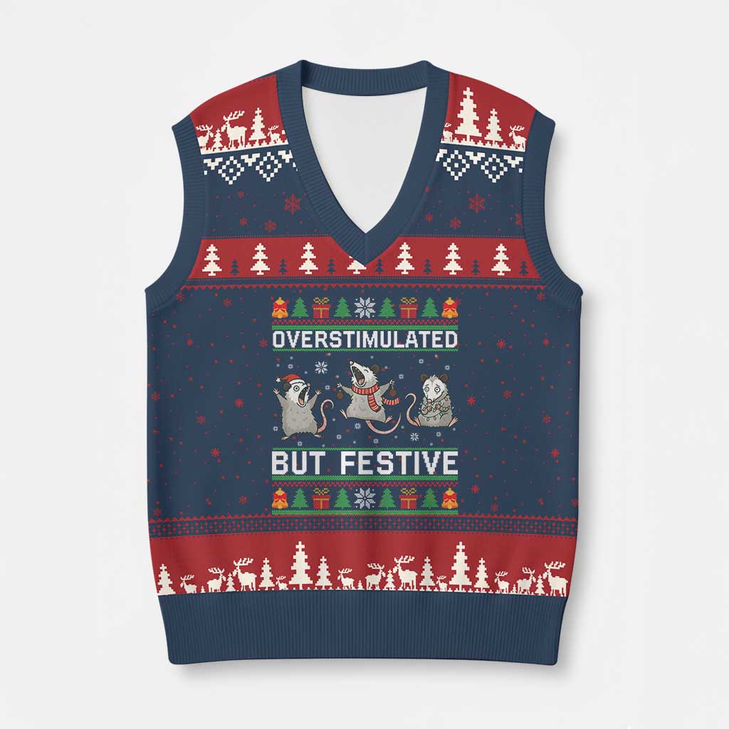 Overstimulated But Festive Opossum Xmas V-Neck Knit Sweater Vest Funny Holiday Anxiety Gag Gift for Introverts - Wonder Print Shop