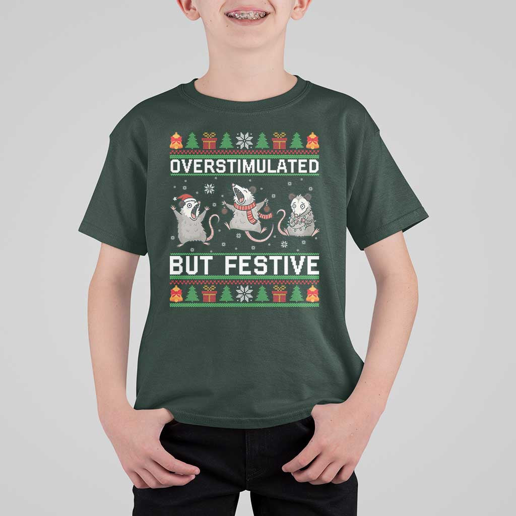 Overstimulated But Festive Opossum Christmas T Shirt For Kid Funny Holiday Anxiety Gag Gift for Introverts - Wonder Print Shop