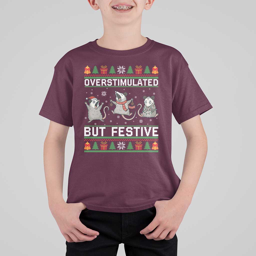 Overstimulated But Festive Opossum Christmas T Shirt For Kid Funny Holiday Anxiety Gag Gift for Introverts - Wonder Print Shop