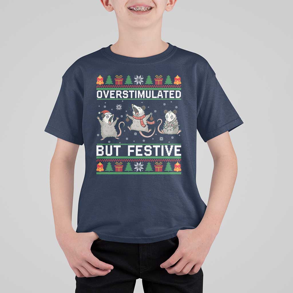 Overstimulated But Festive Opossum Christmas T Shirt For Kid Funny Holiday Anxiety Gag Gift for Introverts - Wonder Print Shop