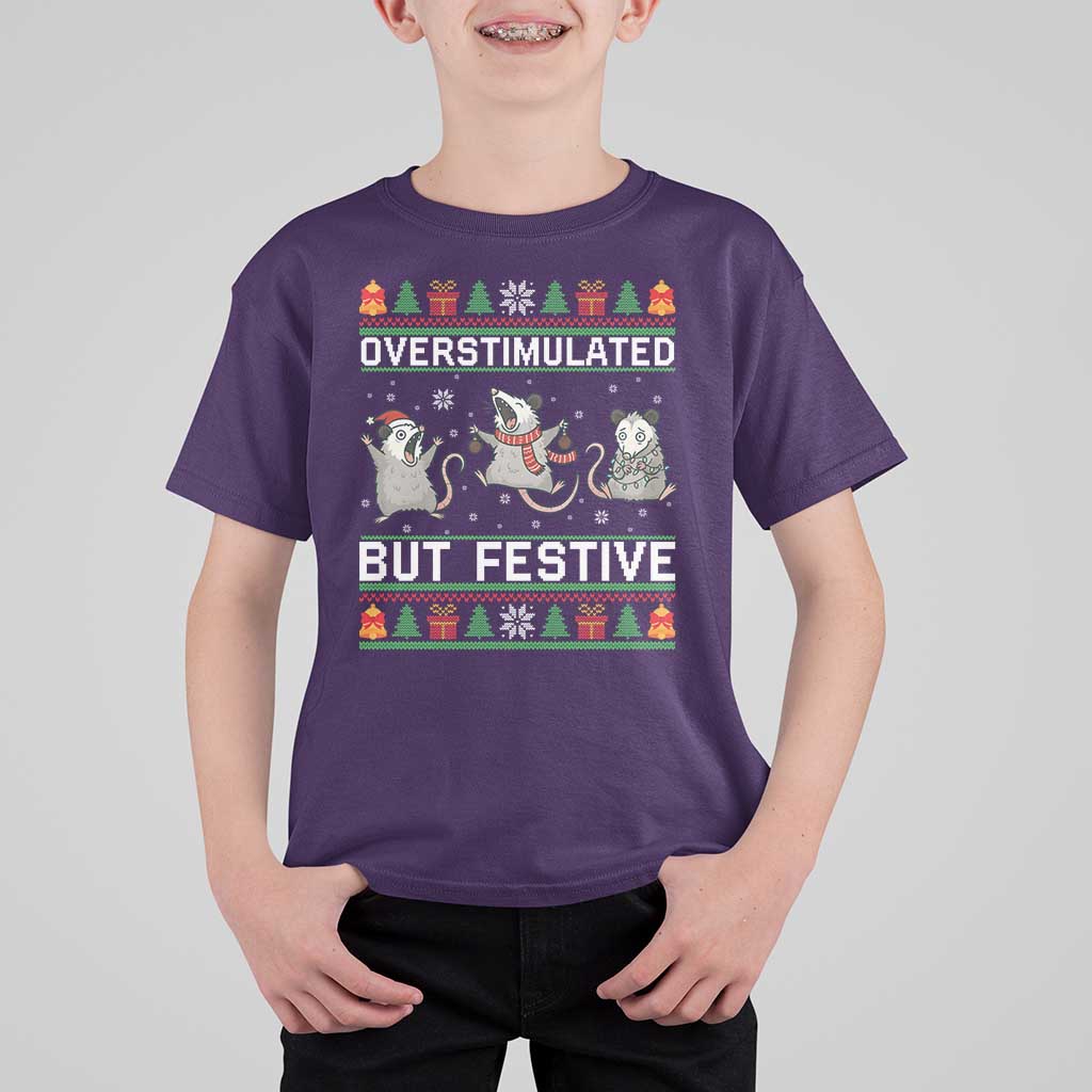 Overstimulated But Festive Opossum Christmas T Shirt For Kid Funny Holiday Anxiety Gag Gift for Introverts - Wonder Print Shop