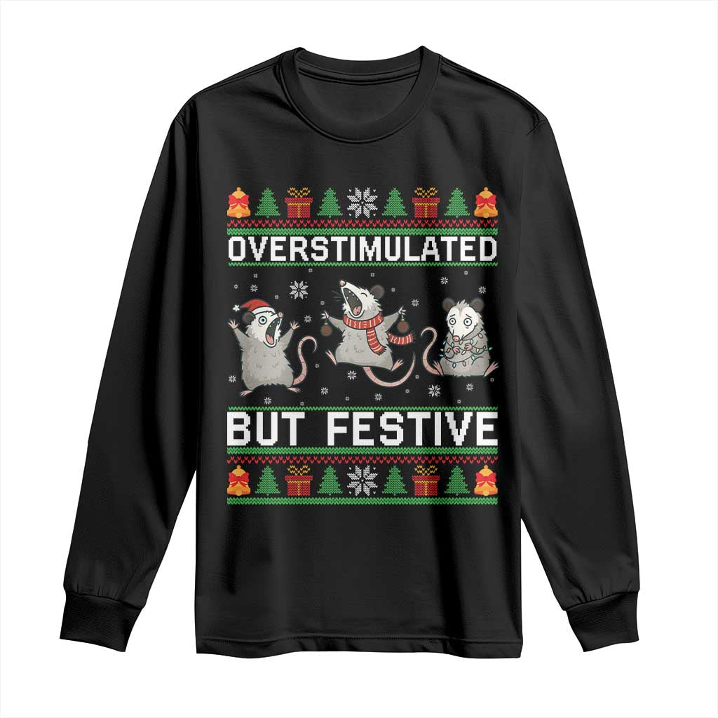 Overstimulated But Festive Opossum Christmas Long Sleeve Shirt Funny Holiday Anxiety Gag Gift for Introverts - Wonder Print Shop