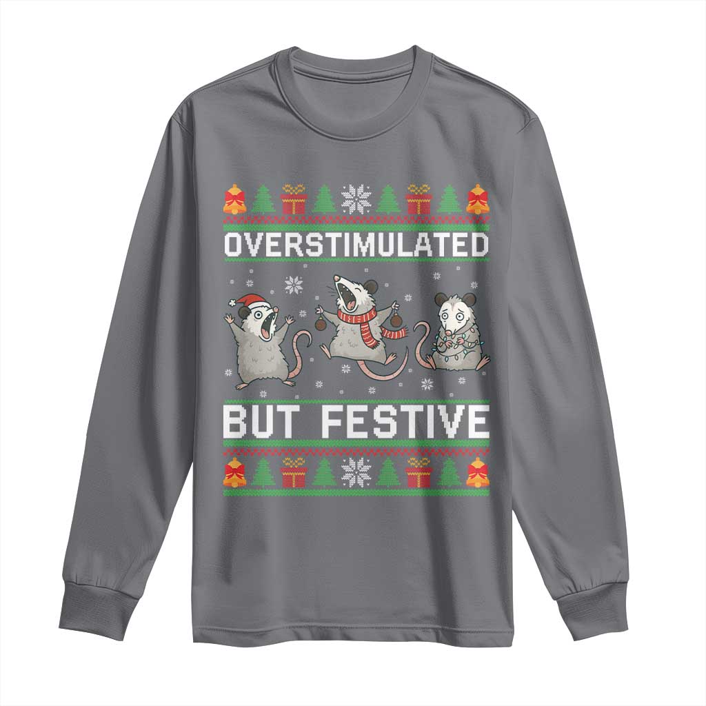 Overstimulated But Festive Opossum Christmas Long Sleeve Shirt Funny Holiday Anxiety Gag Gift for Introverts - Wonder Print Shop
