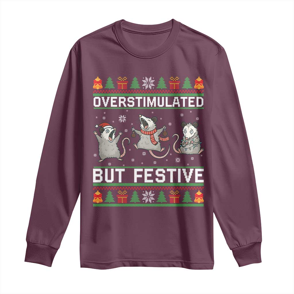 Overstimulated But Festive Opossum Christmas Long Sleeve Shirt Funny Holiday Anxiety Gag Gift for Introverts - Wonder Print Shop