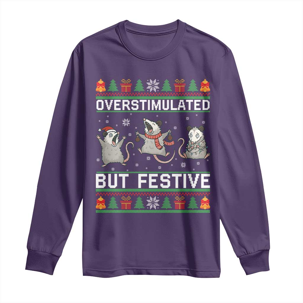 Overstimulated But Festive Opossum Christmas Long Sleeve Shirt Funny Holiday Anxiety Gag Gift for Introverts - Wonder Print Shop
