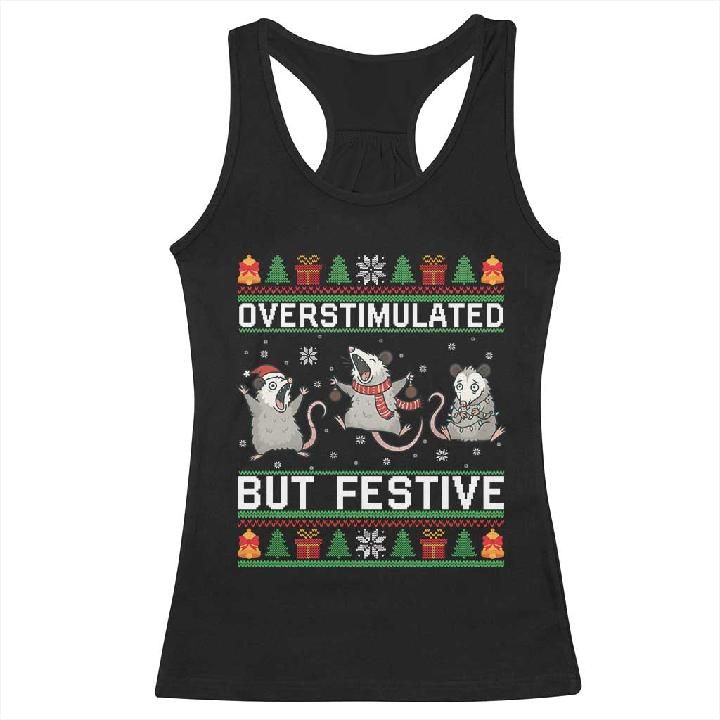 Overstimulated But Festive Opossum Christmas Racerback Tank Top Funny Holiday Anxiety Gag Gift for Introverts - Wonder Print Shop