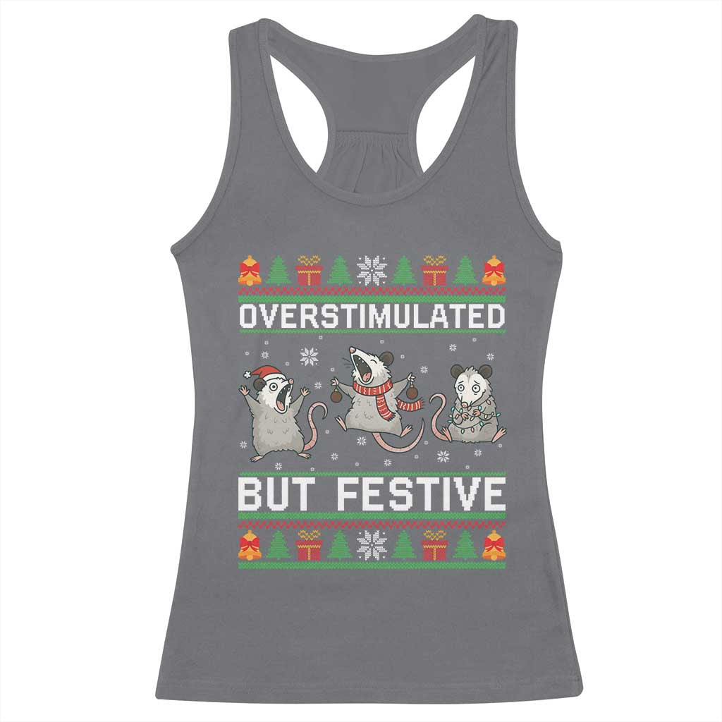 Overstimulated But Festive Opossum Christmas Racerback Tank Top Funny Holiday Anxiety Gag Gift for Introverts - Wonder Print Shop