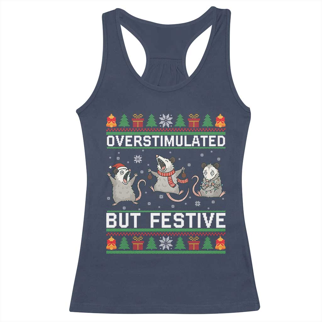 Overstimulated But Festive Opossum Christmas Racerback Tank Top Funny Holiday Anxiety Gag Gift for Introverts - Wonder Print Shop