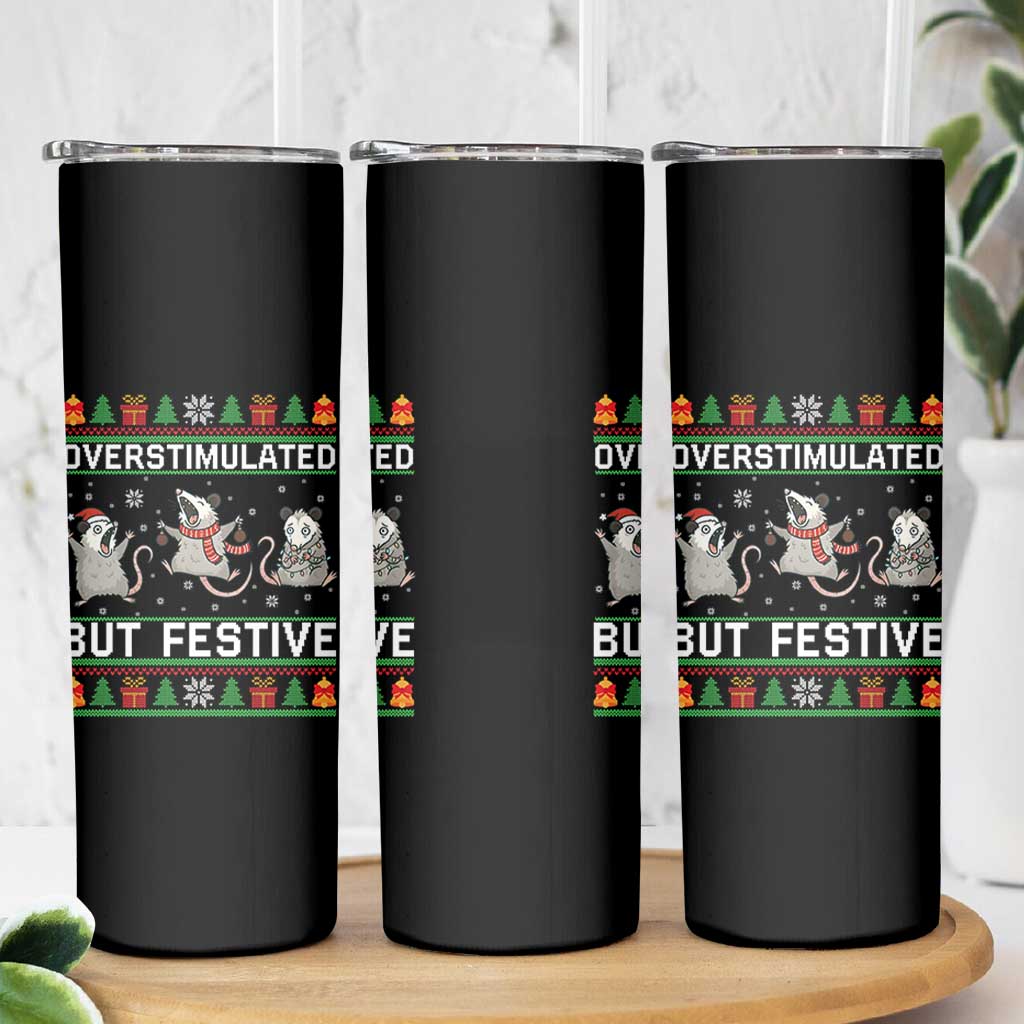 Overstimulated But Festive Opossum Christmas Skinny Tumbler Funny Holiday Anxiety Gag Gift for Introverts - Wonder Print Shop