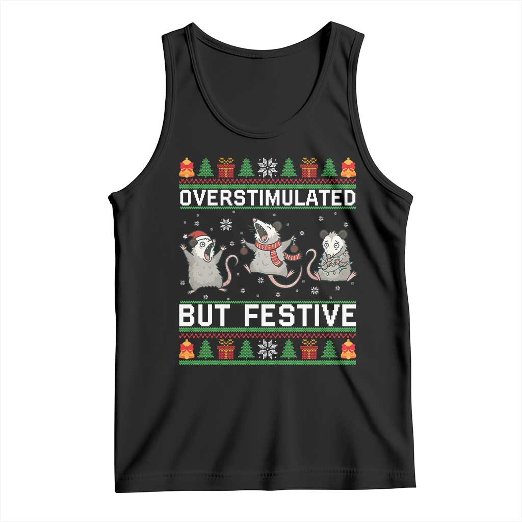 Overstimulated But Festive Opossum Christmas Tank Top Funny Holiday Anxiety Gag Gift for Introverts - Wonder Print Shop